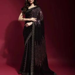 Odette Black & Pink Poly Georgette Embellished Saree with Unstitched Blouse-image-1