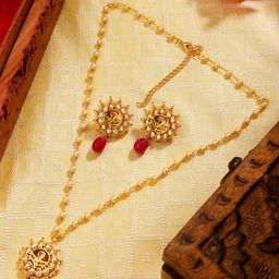 AARSEE OFFICIAL Anti-Tarnish 22KT Gold-Plated Red Blossom Pearl chain Necklace set-image-71