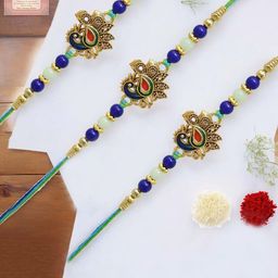 MEIRA JEWELLERY Set Of 3 Kundan Studded Rakhi With Roli Chawal & Greeting Card-image-96