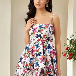 SZN Women White & Blue Floral Printed Square Neck Layered Cotton Jumpsuit-picture-31