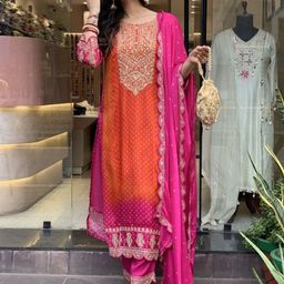 KALINI Bandhani Printed Round Neck Sequinned Chinon Straight Kurta With Trousers & Dupatta-10