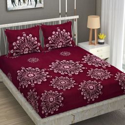 AVI Maroon & Pink Floral 180 TC Single Bedsheet with 1 Pillow Covers-image-81