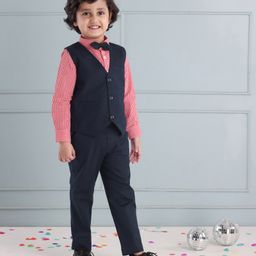 Mark & Mia Full Sleeves 3 Piece Solid Color Party Suit with Bow Detailing - Navy Red-image-58