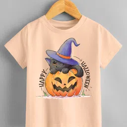 KNITROOT Halloween Theme Half Sleeves Happy Halloween Text Printed Tee - Peach-picture-42