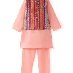 Babyhug 100% Cotton Full Sleeves Solid Colored Kurta Pyjama Set with Printed Jacket - Peach-image-96