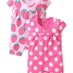 Babyhug 100% Cotton Knit Half Sleeves Romper With Strawberry & Floral Print Pack Of 2 - Pink-image-98