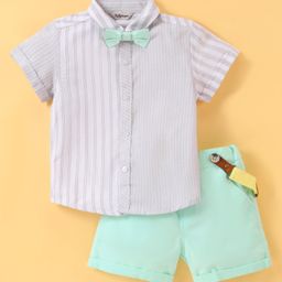 ToffyHouse Poplin Woven Half Sleeves Striped Shirt & Shorts Set with Bow & Suspender - Green-picture-22