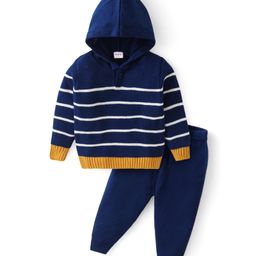Babyhug Knitted Full Sleeves Striped Hooded Sweater Set - Navy Blue White & Yellow-image-62