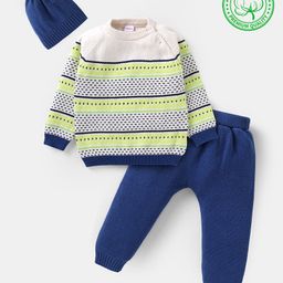 Babyhug Cotton Knitted Full Raglan Sleeves Designed Sweater Set with Cap - Navy Blue & Cream-image-70