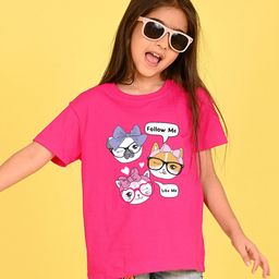 NUSYL Cotton Half Sleeves Cute Cat & Text Printed Tee - Hot Pink-image-43