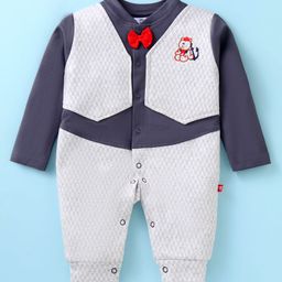 Mini Taurus Interlock Knit Full Sleeves Party Wear Romper with Bow Applique - Grey-image-15