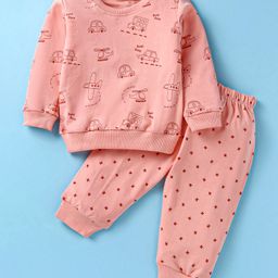 Tango Looper Knit Full Sleeves T-Shirt & Lounge Pant Set with Aeroplane Print - Light Peach-picture-37