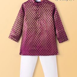 Babyoye Brocade Woven Full Sleeves Kurta Pyjama Set with Foil Floral Design - Purple-24