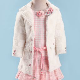 Enfance Floral Applique Checked Textured Knee Length Dress With Full Sleeves Jacket - Peach-image-22