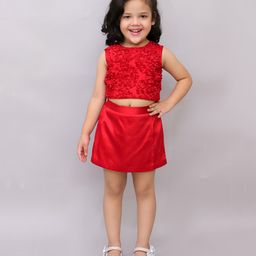 lil' drama Lil Drama Cotton Sleeveless Floral Applique Detaield Crop Top & Skorts Set - Red-picture-23