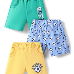 Doodle Poodle 100% Cotton Knit Knee Length Shorts with Football & Text Print Pack of 3 - Light Blue Sea Green & Light Yellow-picture-25