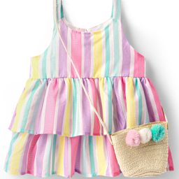 Little Kangaroos Woven Sleeveless Striped Party Top With Sling Bag - Pink-image-35