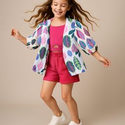 Ollington St.Woven Leaf Printed Set of Full Sleeves Shrug & Shorts with Inner Rib Top - White & Pink-image-4