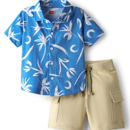 Babyhug Single Jersey Knit Half Sleeves Shirt & Shorts Set with Floral Print - Blue & Beige-picture-27