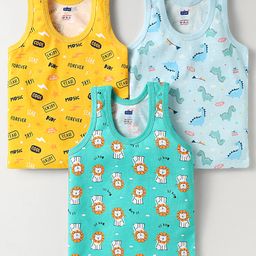 Simply Sinker Knit Sleeveless Vests With Animals & Text Print Pack Of 3 - Yellow Turquoise & Light Blue-image-72