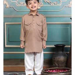 Polka Tots Cotton Full Sleeves Solid Pathani Style Kurta & Pyjama Set - Beige-image-76