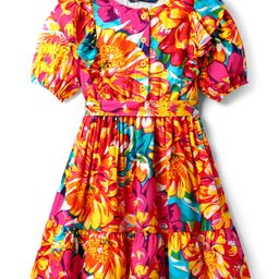 Pine Kids Rayon Woven Half Sleeves Frock With Floral Print & Belt - Multicolor-image-51