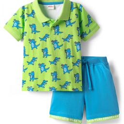 Babyhug Single Jersey Knit Half Sleeves Polo T-Shirt & Shorts Set with Crocodile Print - Blue & Light Green-image-29