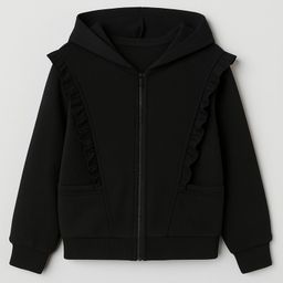 Aww Hunnie Terry Knit Full Sleeves Frill Detailed Solid Hooded Zipper Jacket - Black-picture-33
