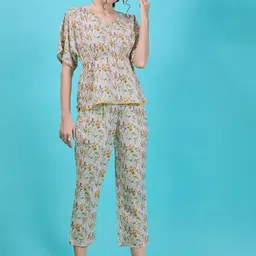Dressberry Blue Floral Printed V-Neck Top With Trousers-12