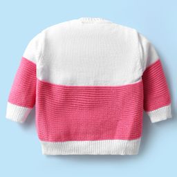 Babyhug Knitted Full Sleeves Color Block Front Open Sweater Set with Booties & Cap - Pink & White image 3