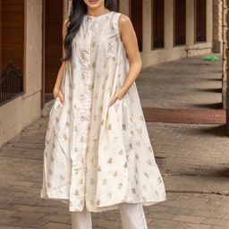 KALINI Woven Design Printed Boat Neck A-Line Kurta With Trousers-43