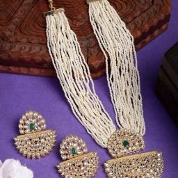 NVR Green Stones & Kundan Studded Statement Necklace & Earring Sets-image-12