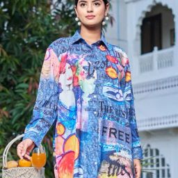 Kaftanize Blue Pop Art Abstract Typography Printed Relaxed Fit Shirt-image-13