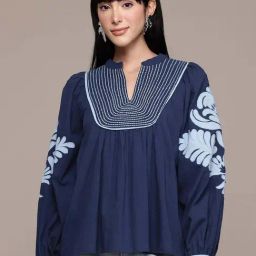 Label Ritu Kumar Navy Cotton Relaxed Fit Embroidered Top-picture-14