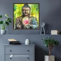 ARTE'VENUE A Buddha In Peace Green & Pink Canvas Wall Art - Set of 1 (25 X 25 inch)-0