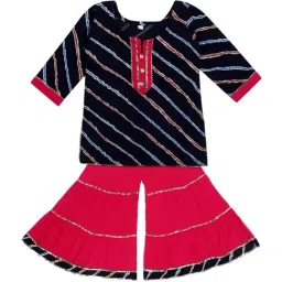 Ahhaaaa Kids Navy & Pink Cotton Striped Kurti Set-picture-24