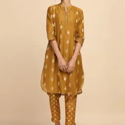 Folksong By W Yellow Cotton Embroidered A Line Kurta-image-94