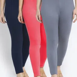 Gracit Grey & Peach Mid Rise Leggings - Pack Of 3-image-96