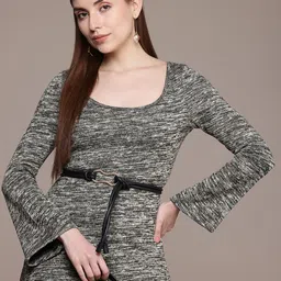 French Connection Self Design Scoop Neck Flared Sleeves Midi Jumper Dress-image-81