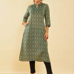 Soch Green Cotton Ikat Printed Straight Kurta With Mirror Work-image-24