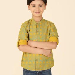 Fabindia Kids Yellow & Green Printed Full Sleeves Shirt-picture-43