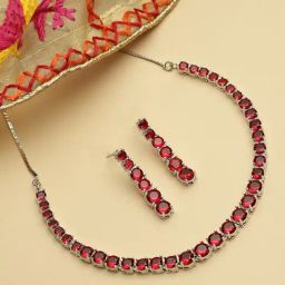 Zeneme Rhodium Plated Red AD Studded Handcrafted Jewellery Set-9