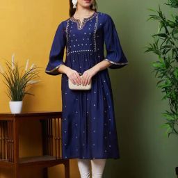Globus Blue Embroidered A Line Kurta-image-98