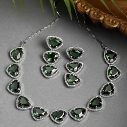 Zeneme Rhodium Plated Silver Toned Handcrafted Green AD Studded Triangular Jewellery Set-11