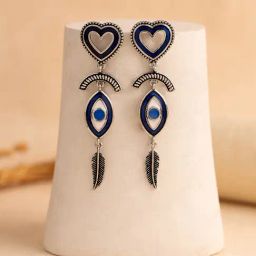 Voylla Silver Boho Tribe Feathered Insight Oxidised Drop Earrings-picture-4