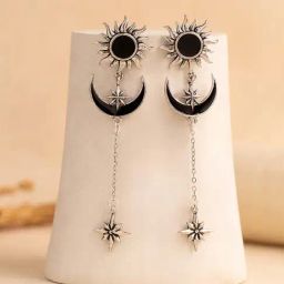 Voylla Silver Boho Tribe Starlit Moon Oxidised Drop Earrings-picture-6