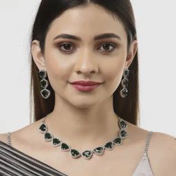 Zeneme Rhodium Plated Silver Toned Handcrafted Green AD Studded Triangular Jewellery Set image 2