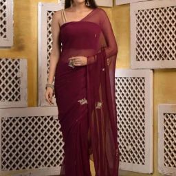 Sutra Attire Maroon Chiffon Saree with Pittan Work-image-70