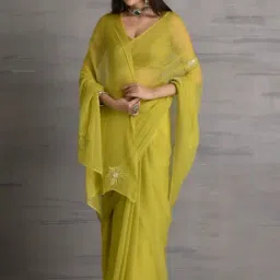 Sutra Attire Mehendi Green Hand Embellished Chiffon Saree-image-26