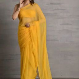 Sutra Attire Mustard Yellow Chiffon Womens Saree with sequence Work image 4